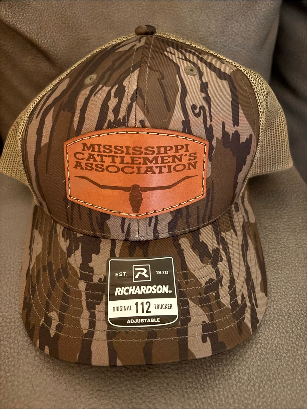 Mossy Oak Brown Camouflage Trucker Hat with Leather Patch